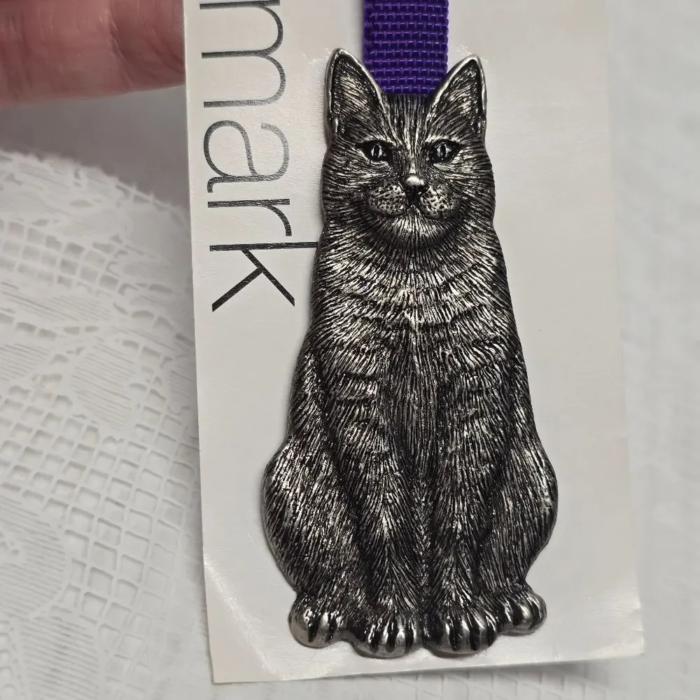 Pewter Cat & Fish Bookmark with Purple Ribbon Perfect Pet NWT